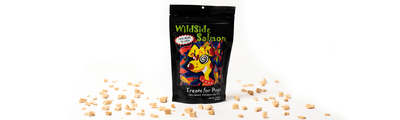 Wildsidesalmon freezedried treats spread around the packaging 